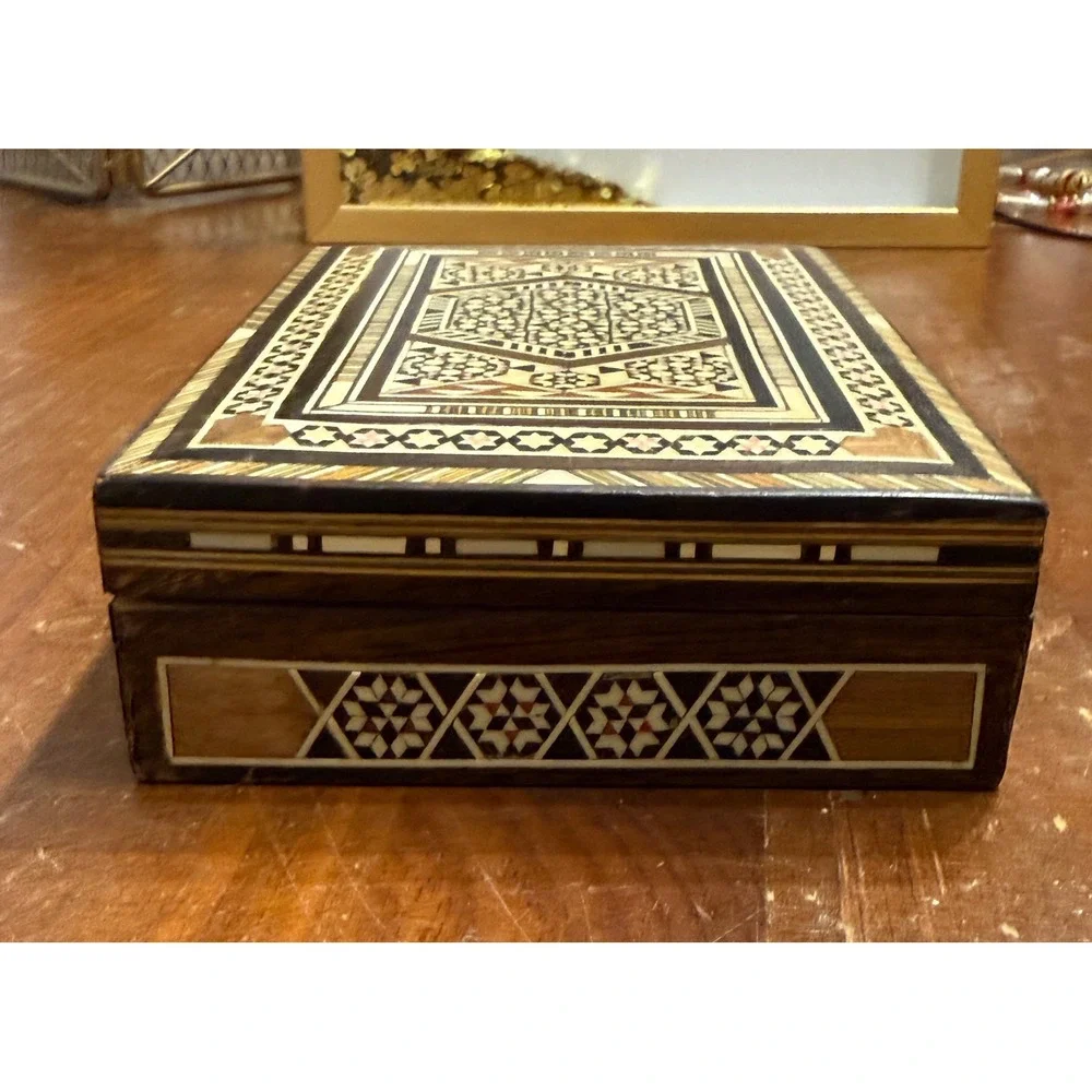 VTG Sadeli Mosaic Wood Inlay Jewelry Box Middle Eastern Marquetry Trinket